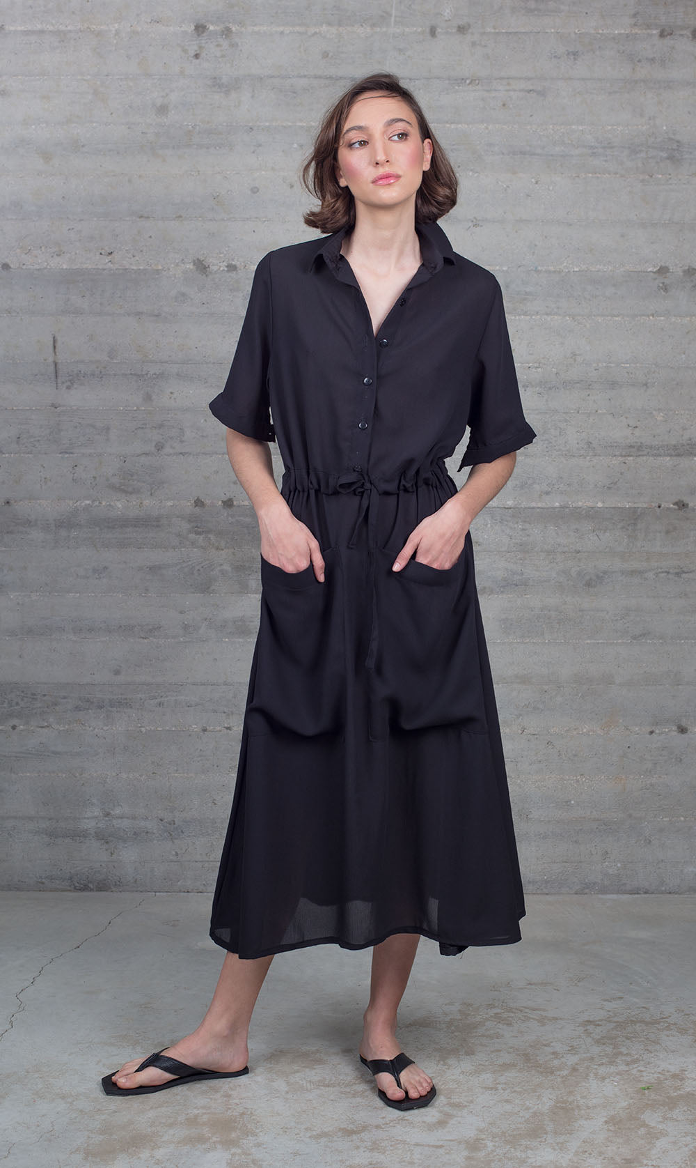 Black Long Maxi Dress with Collared Neck A line cut Black Chiffon Gathered at the waist