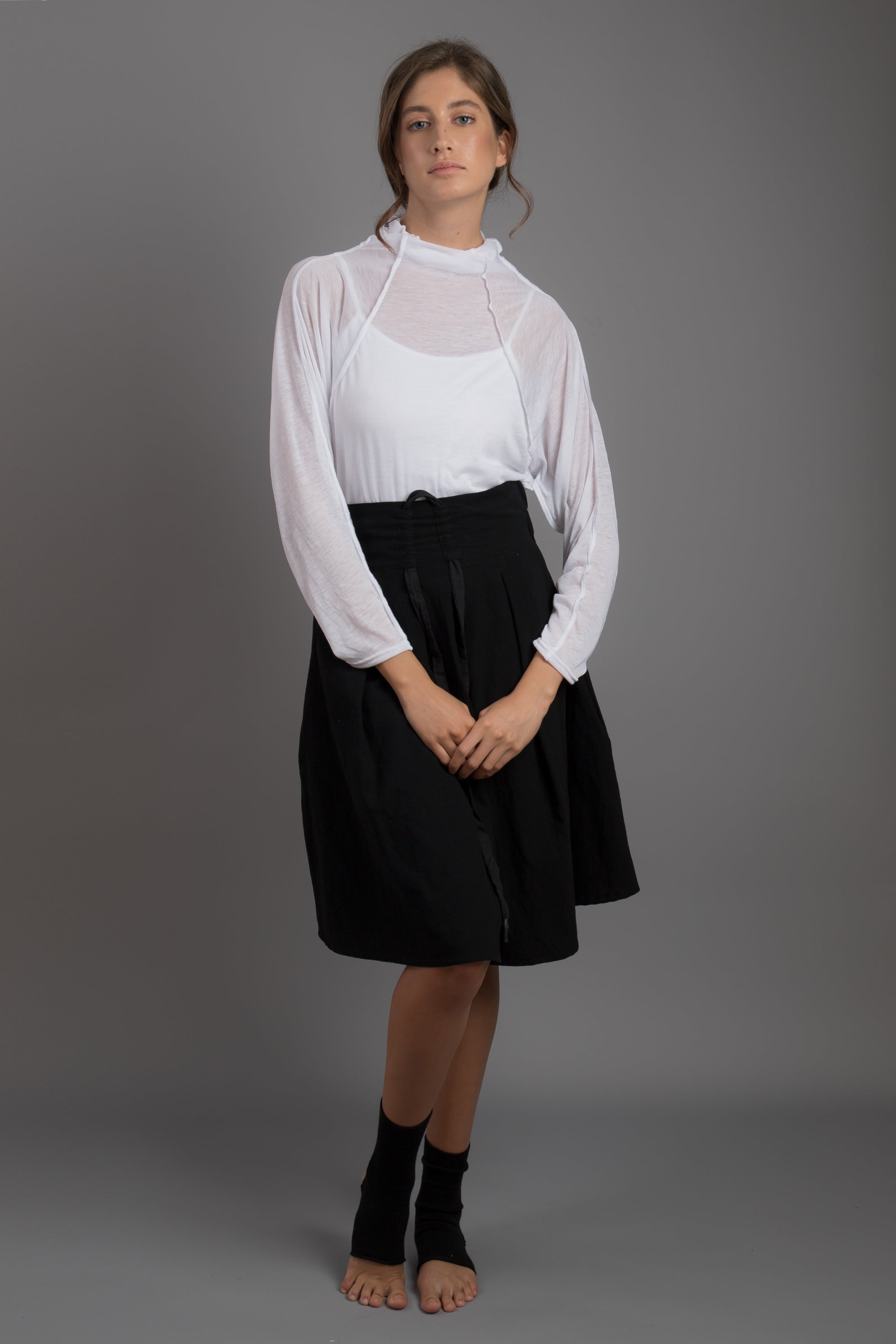 Black High Waist Cotton Skirt with Draw String Black Pleated Skirt Midi Skirt