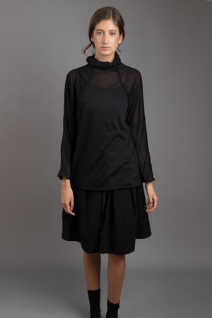 Black High Waist Cotton Skirt with Draw String Black Pleated Skirt Midi Skirt