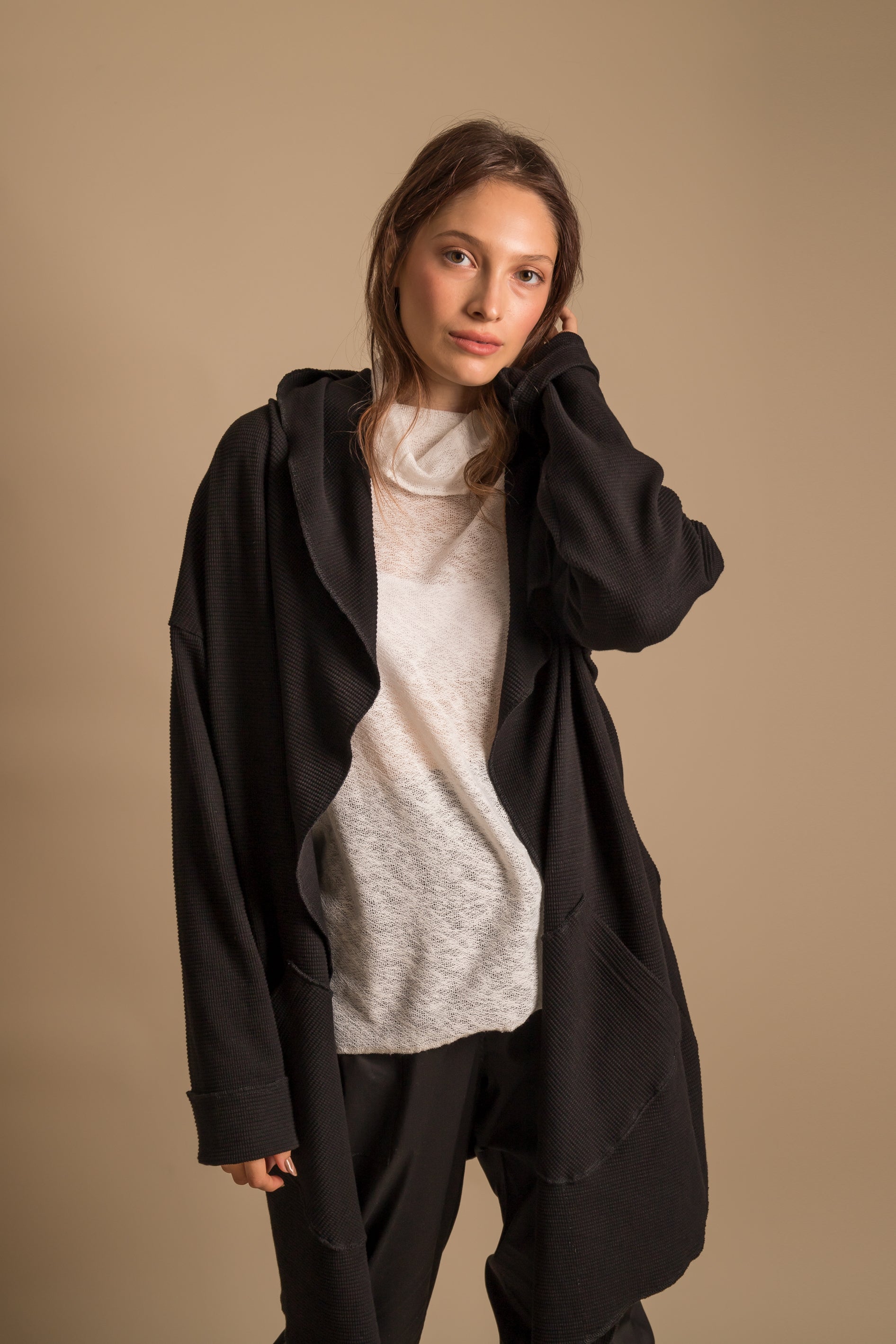 SQUARES Open Black Cardigan Jacket with a Hood 