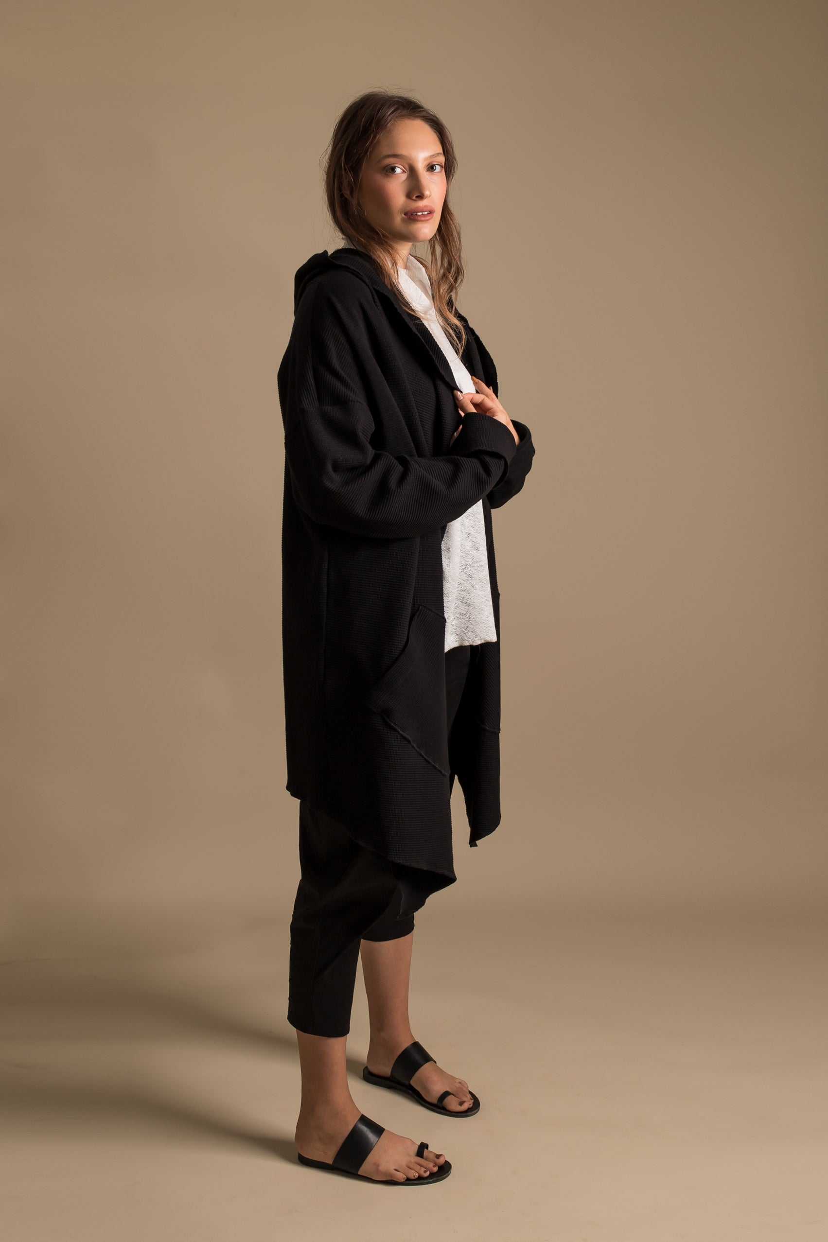 SQUARES Open Black Cardigan Jacket with a Hood 